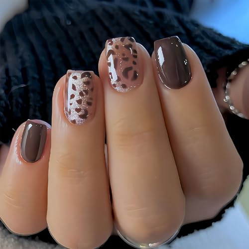 TESGADGETS 24 Pieces Short Square Artificial Fingernails in Brown with Leopard Print and Glitter Design – Full Shiny Finish and Adhesive for Women