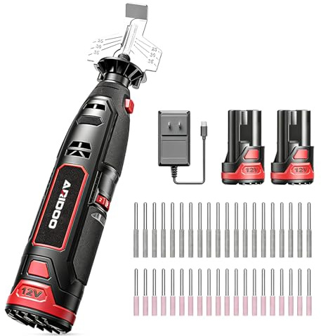 Afilador eléctrico para cadenas de motosierra, completo con 2 baterías y cargador. Alta velocidad, 20 cabezales cerámicos y 20 núcleos de diamante, válido para todas las cadenas.