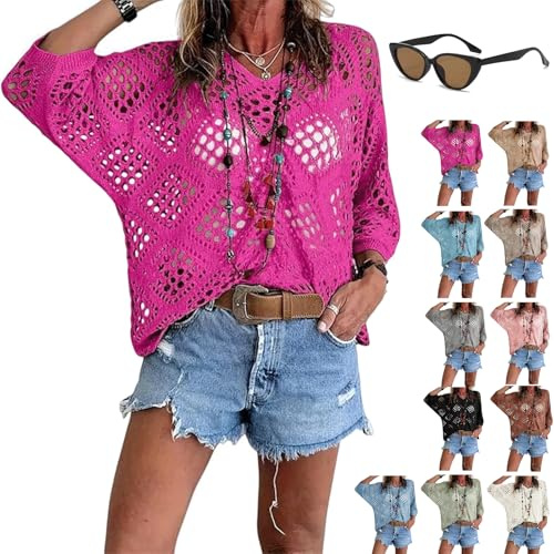 LLELEMAMO Jersey de Ganchillo Beige para Mujer Estilo Bohemio, Top de Punto Calado Casual, Pareo de Playa y Vacaciones, Pullover Ligero con Cuello en V (L,K)