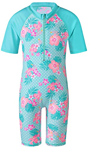 HUAANIUE Girls One Piece Swimming Costume Kids Short Sleeve Rash Guard Swimsuit UPF 50+ UV Sun Protection Quick Dry Teen Beachwear 4-12 Years(Cyan,14A)