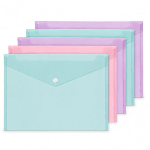 5 Assorted Pastel Colour A5 Document Stud Wallets Plastic Carry Popper Folder Pink Aqua