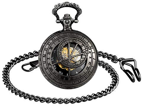 MICGIGI Montre de Poche mécanique Unisexe à remontage Manuel 12 Constellations Squelette Montre Gousset avec chaîne (Noir)