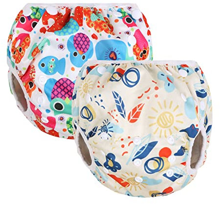 Vicloon Couche de Bain Lavable,2pcs Couches de Bain Reutilisable,Lavable et Ajustable Anti-Fuite Imperméable Étanche pour Bébé Fille et Garçon