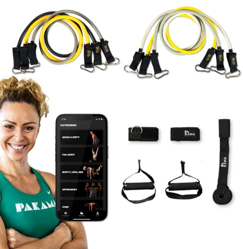 PAKAMA - Premium 6er Set Widerstandsbänder inkl. Griffe, Fußschlaufen & Türanker für Home Gym & Krafttraining Zuhause - Resistance Bands 14kg - 24kg - Fitness-Bänder für bis zu 220kg Widerstand