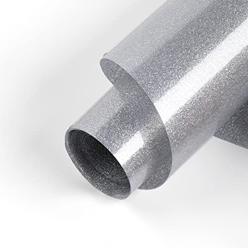 HTVRONT Silver Glitter Heat Transfer Vinyl - 10 x 5FT Silver Glitter HTV Vinyl for T-Shirts, Hats, Shoes & Bags