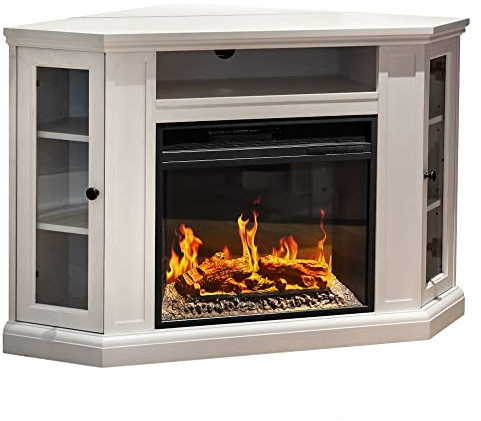 Chimenea eléctrica de suelo de esquina MADISON de madera blanca L126 x P78 x H83