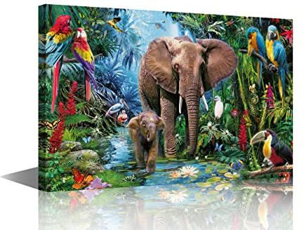 Canvas Printing Rustic Bedroom Decor Forest Elephant Animal World Wall Art Home Artwork Print Used in Bathroom Office Fireplace Kitchen Dining Room Decorate Framed Ready to Hang 12x18inch