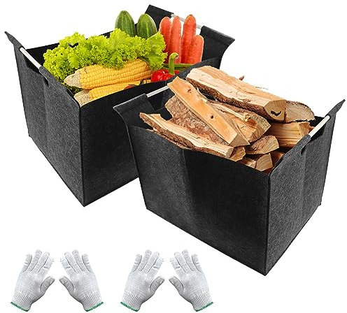 Kaminholzkorb, 2 Stück Filztasche Einkaufskorb mit Fäustling, Holzkorb für Kaminholz mit Tragegriffen, Faltbarer Holzkorb Filztasche für Einkauf, Holz, Zeitung oder Brennholz (40x50x33cm)