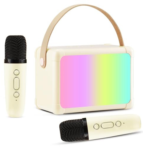 Giecy Karaoke 2 Microfonos Inalambricos,Altavoz Karaoke Bluetooth para Infantil y Adultos para Regalos con USB/Tarjeta TF/AUX Fiesta Familiar en Casa(Beige)
