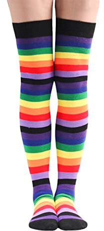 Feelorna 1 paire de chaussettes hautes pour femme, douces et longues, à rayures, pour cosplay, tenue quotidienne, Rayures arc-en-ciel, taille unique