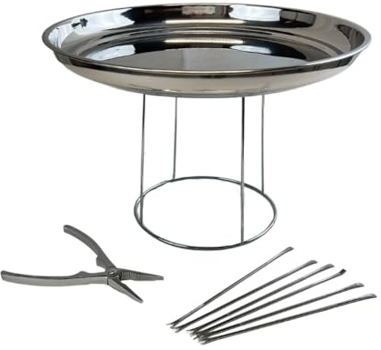Fackelmann 9939650 Ensemble de 4 ustensiles de cuisine pour fruits de mer, plateau fruits de mer, curette à crustacés, pince à homard, support plateau, Chromé, Acier inoxydable, 34,7 cm