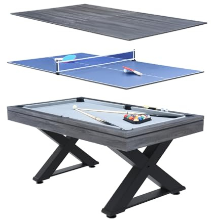 CONCEPT USINE | Table Multi-Jeux 3 en 1 Billard et Ping-Pong Texas + Accessoires | Design Moderne Bois Gris | Table de Jeu ou Repas Salle à Manger | Matériaux de Qualité | en Famille ou Entre Amis