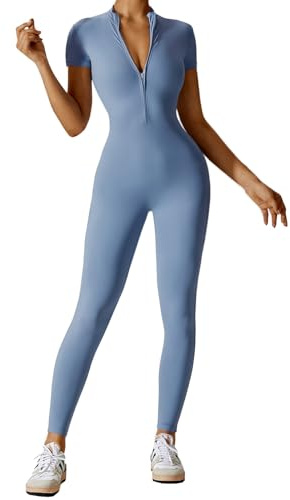 Litthing Women Yoga Jumpsuit Stretchy Zip up Short Sleeve Unitard Slim Fit | Gym Playsuit, Sports Romper, All in One Bodycon Bodysuit, Tight, Workout One Piece, Smooth Touch, Push Up, Daily Wear