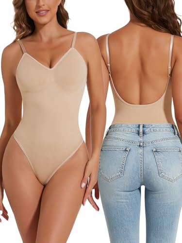 Joyshaper Women Shapewear Bodysuit Backless Thong Body Suit Cami Sculpting Bodysuit Tummy Control Body Shaper with Adjustable Straps Beige M