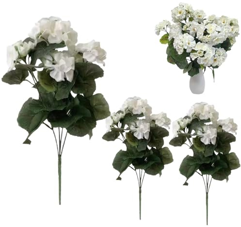 Falska pelargon, 3 st konstgjorda pelargon för utomhus 35,5 cm silke utomhus konstgjorda blommor UV-beständiga böjbara falska blommor hållbara för hem bröllop dekor vit