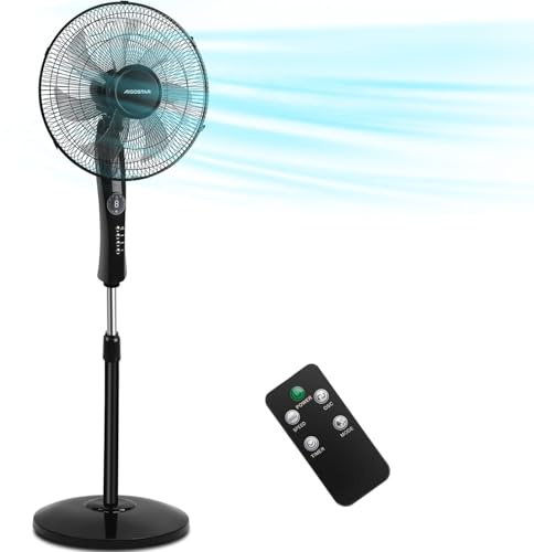 Aigostar 16-Inch Oscillating Pedestal Fan with Remote, 7-Blade Silent Standing Floor Fan with 7.5-Hour Timer, 3 Speeds & Adjustable Height/Tilt, Powerful Cooling for Bedroom & Lounge, Black - Dave