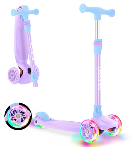 BELEEV A3 Roller Kinder 3 Jahre, 3 Räder Scooter Kinder mit LED Leuchtende Räder, 5 Höhenverstellbare, Lean to Steer, Rutschfestes Deck, Premium Kinderroller 3-12 Jahre Mädchen Jungen, Dreiradscooter