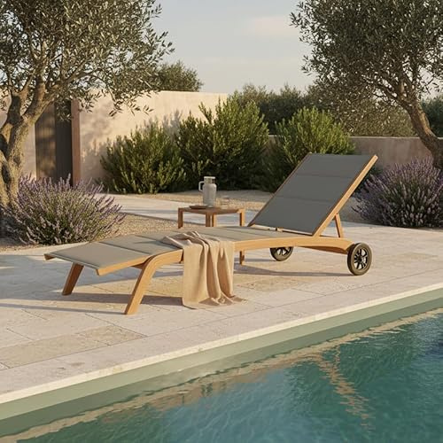 Decor Space Lettino prendisole Tortora Cleo in alluminio effetto legno con ruote da giardino per esterno (Confezione da 1 pezzo)