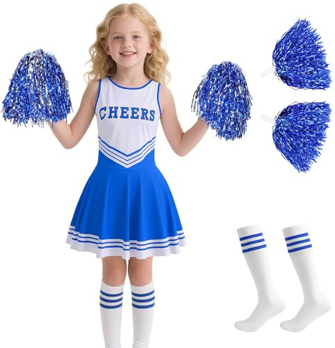 XonyiCos Cheerleader Costume for Girls, Cheerleading Outfit for Kids Dress with Pom Poms for Halloween 3-12 Year (Blue, M)
