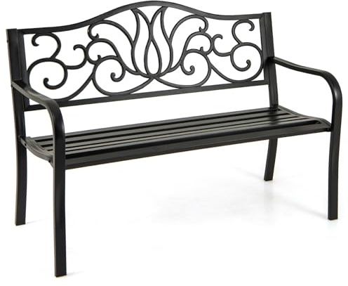 RELAX4LIFE Panchina da Esterno a 2-3 Posti, Panca da Giardino a Doghe in Metallo con Schienale a Design Floreale e Braccioli Curvati, Panca per Cortile/Parco, Max 300 kg, 127x61,5x89cm (Modello 24)