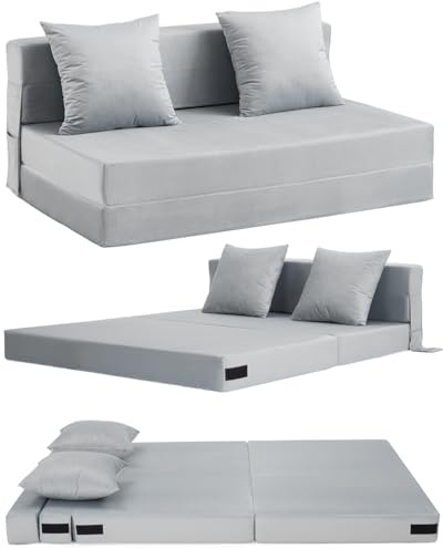Aptliton 4-in-1 Folding Sofa Bed Double, Fold Out Sofa Couch with Velvet Cover & 2 Cushions, Floor Mattress Lounger for Living Room, Comfy Foldable Sofa Chair Bed, Removable Cover, Washable(135*190CM)