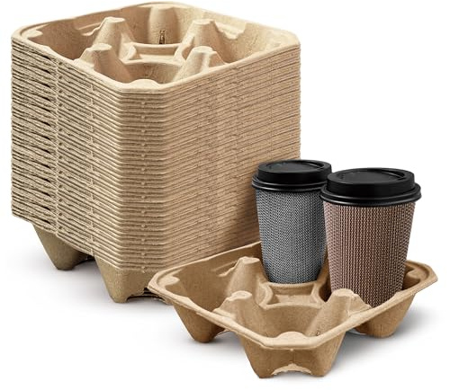 [25 Count] HAKOWARE 8-32oz 4 Cup Disposable Drink Carrier Trays, Compostable Pulp Fiber Drink Holder for Takeout Drinks, 10% Extra Strength Heavy Duty Kraft to Go Coffee Cup Holders for Delivery