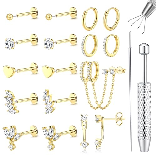 LOLIAS 20G Flat Back Earrings for Women Hypoallergenic Surgical Steel Stud Hoop Earrings Threadless Push in Nose Studs CZ Cartilage Earring Set Labret Helix Tragus Conch Piercing Jewelry GA