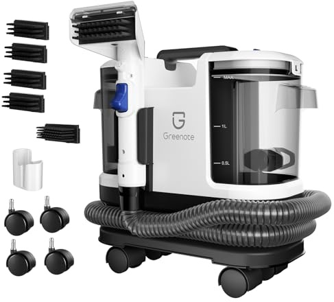 Greenote Limpiador de Alfombras 600W,4 Ruedas Giratorias para Máxima Maniobrabilidad, Almacenamiento Compacto,Autolimpieza de Manguera,Potente Aspiración,Depósitos 1,8L/0,8L, Manguera 1,5m y Cable 5m