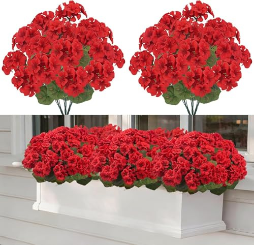 Fairblo 6 Piezas Ramo de Geranios Artificiales Exterior Flores Artificiales Realistas Geranios Falsos Rojas Resistentes UV Flores de Seda Decoracion para Exterior Balcón Jardín Terraze