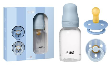BIBS Gift Set Baby Sprinkle, con biberon BIBS da 150 ml e confezione da 2 succhietti Colour, tettarella rotonda. Lattice di gomma naturale, prodotto in Danimarca, taglia 1 (0–6 mesi), Baby Blue