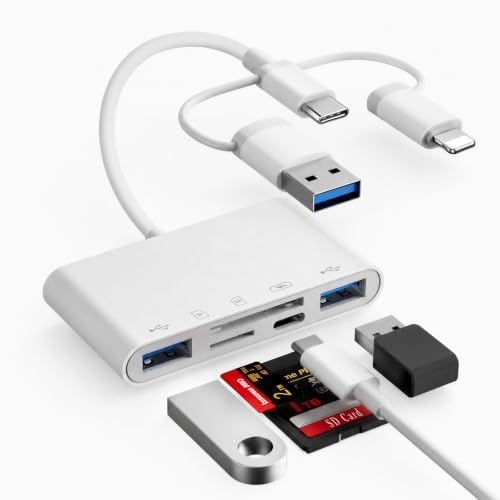 Ticenpe SD-kortläsare USB C USB A Lightning-kontakt kortläsare, 5-i-1 kortadapter med SD/Micro SD/2 x USB-port/C-laddningsport, minneskortläsare för iPhone iPad MacBook Android etc