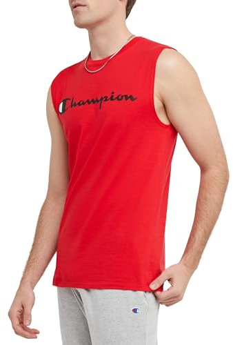 Champion Herren Muscle T-Shirt, Sleeveless, Standard Fit, C, Available in Regular and Big & Tall Hemd, Scarlet-Classic Script Logo, Klein