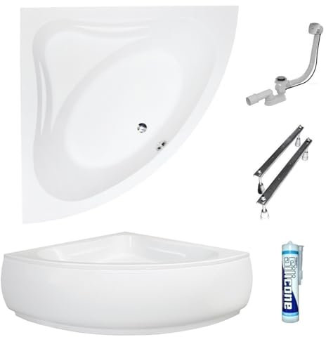 ECOLAM Badewanne Mia 140x140 cm Schürze | Wanne mit Sitz | Acrylwanne Eckwanne Modern Design Eckbadewanne + Ablaufgarnitur Ab- Überlauf Automatik Füße Silikon Komplett-Set Acryl weiß