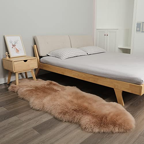 Alfombra de piel de oveja auténtica y esponjosa, alfombra de área de pelo suave, alfombra de oración para cachorros, funda de asiento de sofá, dormitorio, sala de estar, doble piel (marrón claro, 2 x