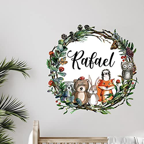 Waldtiere mit WUNSCHNAME V299 Wandtattoo personalisierbar Aufkleber Sticker Kinderzimmer Namensaufkleber Name Wunschnamen Türaufkleber Kranz (40 x 40 cm)