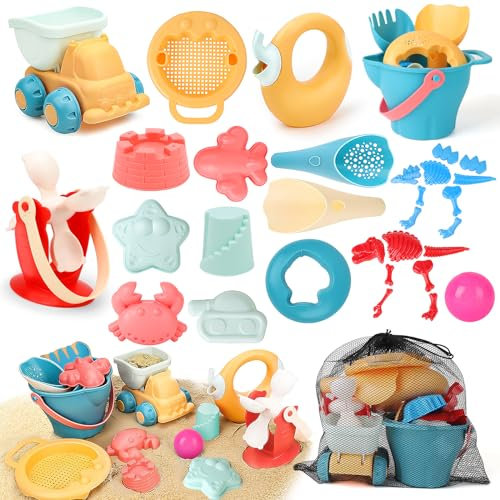 deAO Sandspielzeug Set, 20 Teilig Strandspielzeug Enthält Wasserrad, Strandbuggy, Eimer, Netzbeutel, Sandformen, Sandspielzeug für 1 2 3 Jahr Junge Mädchen, Badespielzeug für den Strand Spielzeug