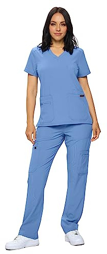 Monarch Uniforms Scrub Set for Women in Regular and Petite Stretch Scrubs for Women Scrub Top and Scrub Pants Set, Blue (Ceil Blue), Medium Regulär