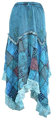 Gheri Womens Patchwork Bohemian Lace Hem Cotton Pixie Skirt Blue