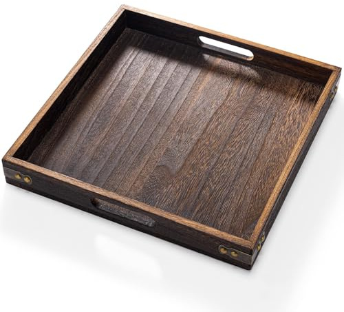 Yangbaga Serving Tray with Handles,13*13Wood Decorative Tray for Living Room,Modern Coffee Table Tray,Square Large Serving Platters for Home Decor,Ottoman,Bed,Kitchen,Bathroom, Breakfast,Bar