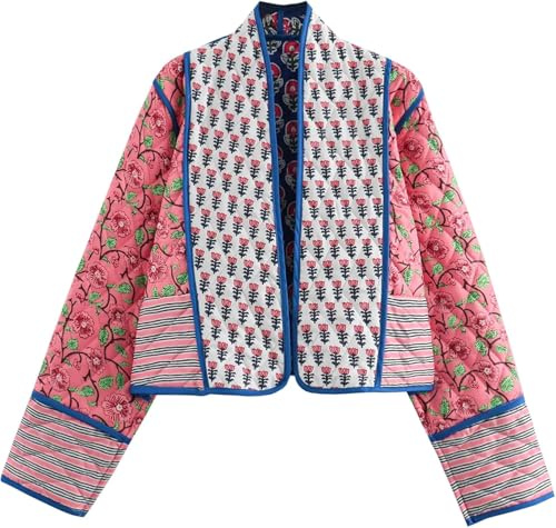Veste matelassée légère à imprimé Floral pour Femme Manteau Court rembourré Ouvert Avant d'hiver Outwear (Rouge,M)