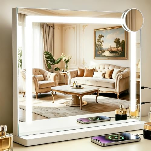 Mursche Hollywood Makeup Mirror with Lighting - 50x40cm Dimmable LED Mirror | with 3 Color Light Modes, 5x Magnifying Mirror, USB Connector for Bedroom, Dressing Room
