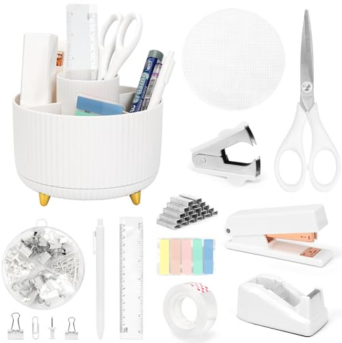 12-in-1 Stationary Set, White Desk Accessory with Pen Pot, Tape Dispenser, Stapler & Staple Set, Scissor, Ruler, Color Tabs for Men, Women, Practical Office Supply for Teachers, Students