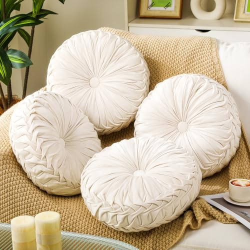 Beeveer 4 Pcs Round Throw Pillows 15 Inch Decorative Velvet Pleated Pumpkin Pillows Boho Floor Pillow with Center Button for Living Room Couch Chair Bed Sofa Home Decoration (Ivory)