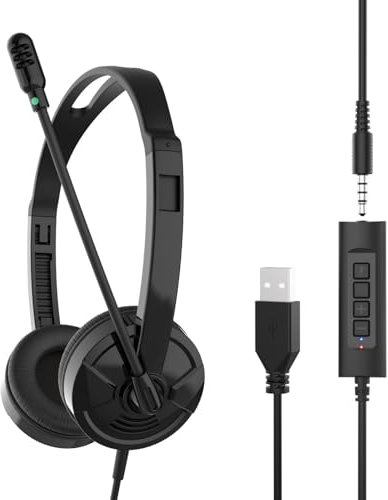 MARCBUSE Casque stéréo pour ordinateur avec micros, contrôle du son, casque USB avec micros antibruit pour l'enseignement en ligne et le bureau