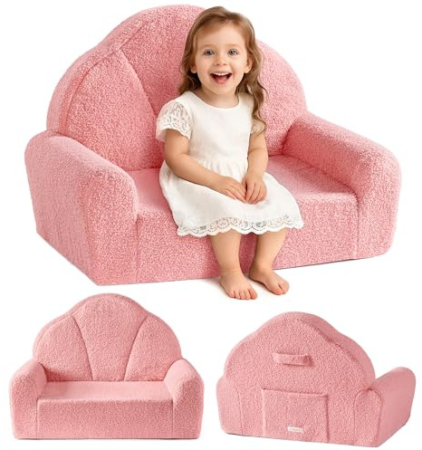 ROBUD Toddler Chair, Comfy Kids Sofa with Teddy Fleece, High Resilience Sponge, and Hidden Storage Pocket, Toddler Couch with Princess Style Design, Kids Couch for Boys and Girls, Pink