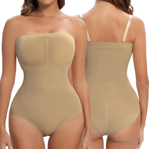 Miguofan Strapless Bandeau Shapewear Bodysuit for Women Tummy Control | Seamless Full Body Shaper Compression Body Suit Slimming Triangle Bodysuits With Removable Straps, All Day Wear Tube Tops