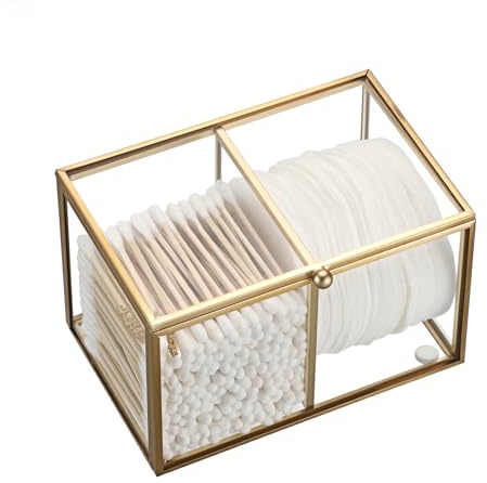 SUMTree Wattestäbchen Behälter Wattepadspender aus Glas Schminktisch Wattepads Organizer 2 Fächern Make Up Box für Badezimmer, Wohnzimmer Deko Glasbehälter mit Deckel für Kosmetik, Schmuck (Gold)