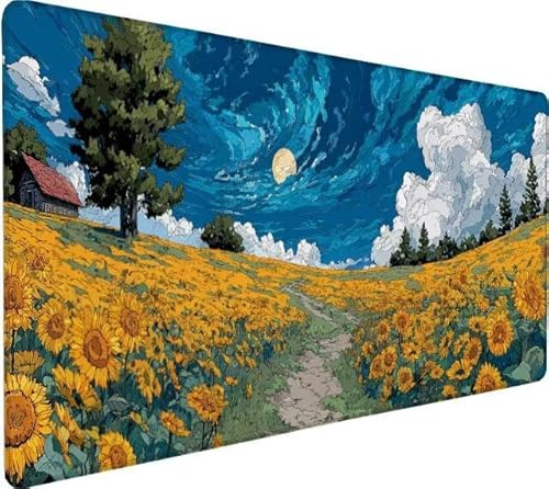 Musmatta 129 x 60 x 0,3 cm stor musmatta solrosmåne, musmatta stor storlek med halkfri gummibas, sydda kanter musmatta, vattentätt slät yta tangentbord för skrivbordstillbehör 7-PM21