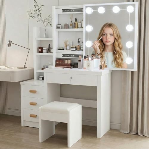 Dressing Table with Mirror and Stool, Vanity Table with LED Lights and Adjustable Brightness, Vanity Desk with Mirror, Makeup Desk with 4 Drawers and 3 Storage Shelves for Girls Bedroom, 80*36*135.5cm