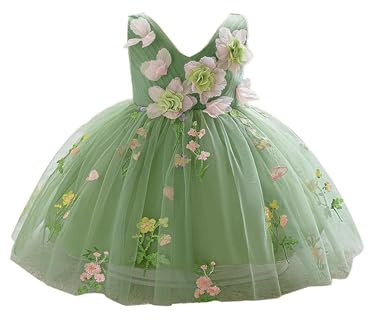 YOOJIA Klänning bankett födelsedag baby flicka bröllop party prinsessa kjol ärmlösa klänningar med V-ringning broderi blommor 3D-tyllklänningar 3–18 år